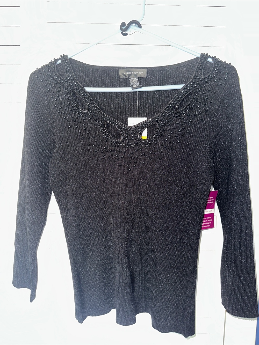 Cable & Gauge Black Beaded Scoop Neck Sweater